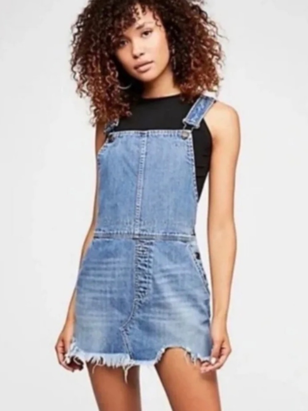 Free People blue denim distressed overalls dress in a size 2
